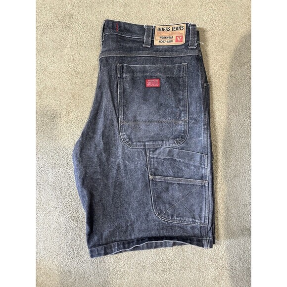 Vintage Guess Jeans Carpenter Shorts Mens 40 Fade Black Utility Grunge Denim Y2K - Picture 1 of 6